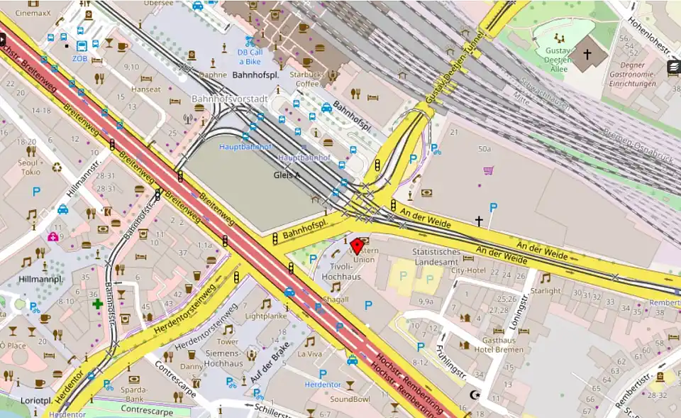 eine Mappe, auf welcher der Standort des Sportamtes Bremen am Bahnhofsplatz 29 in Bremen markiert ist.